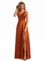 Soft Satin A-line Spaghetti Straps V neck Side Slit Maxi Elegant Long Evening Dresses