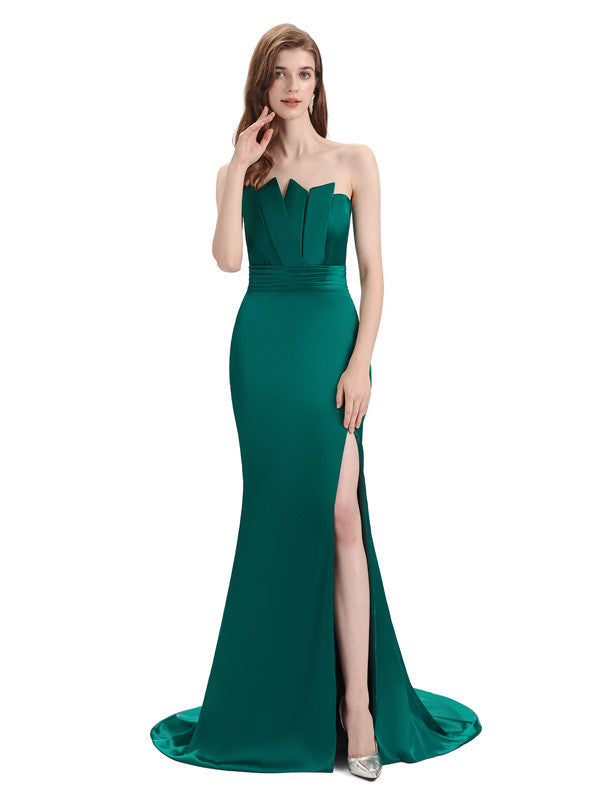 Elegant Silky Satin Strapless Side Slit Long Mermaid Wedding Clothes For Women
