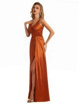 Soft Satin A-line Spaghetti Straps V neck Side Slit Maxi Elegant Long Evening Dresses