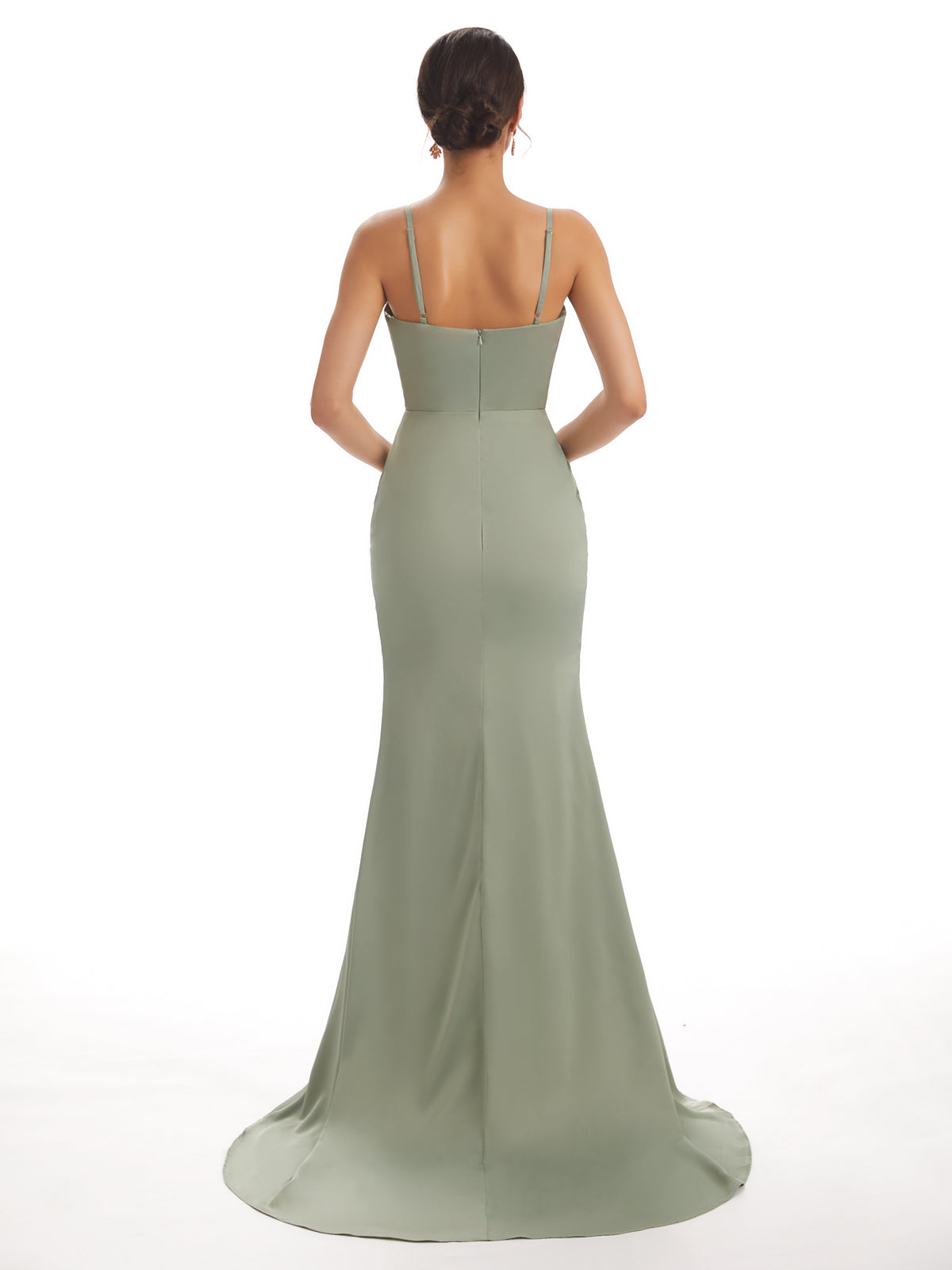 Sexy Soft Satin Side Slit Spaghetti Straps V-neck Long Mermaid Bridesmaid Dresses