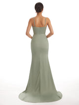 Sexy Soft Satin Side Slit Spaghetti Straps V-neck Long Mermaid Bridesmaid Dresses