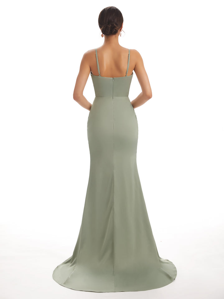 Sexy Soft Satin Side Slit Spaghetti Straps V-neck Long Mermaid Bridesmaid Dresses