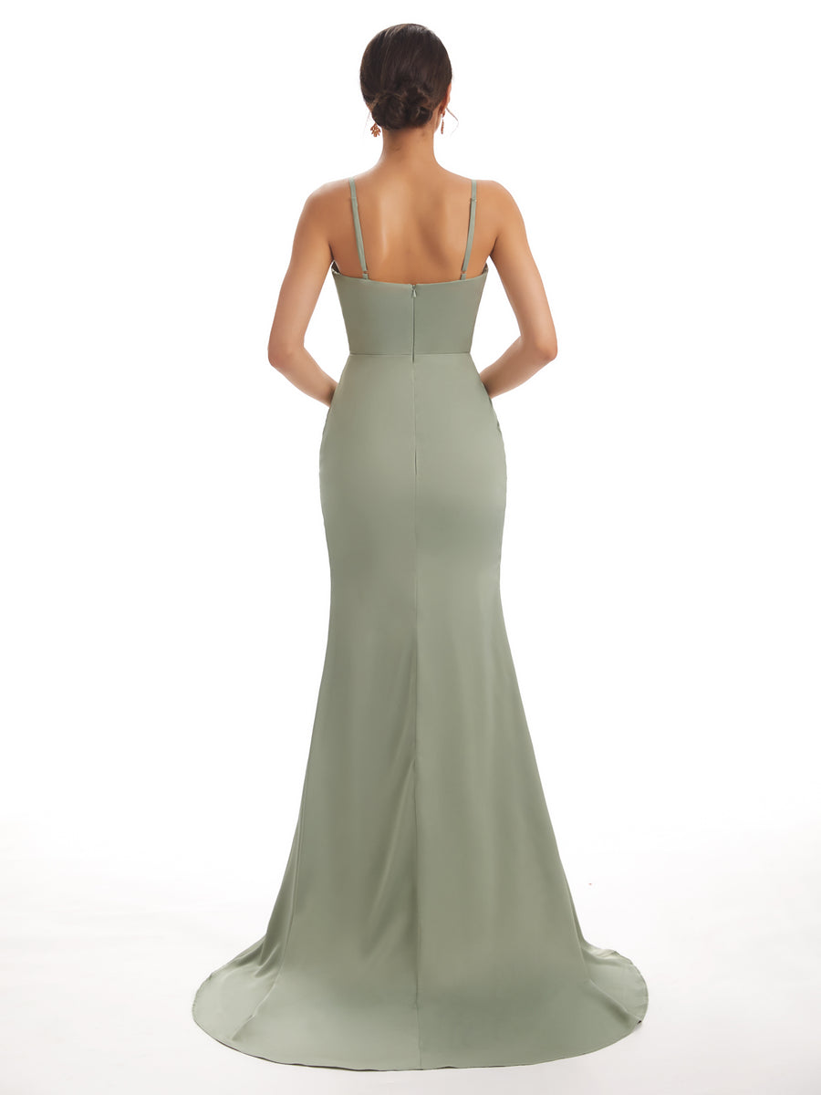 Sexy Soft Satin Side Slit Spaghetti Straps V-neck Long Mermaid Bridesmaid Dresses