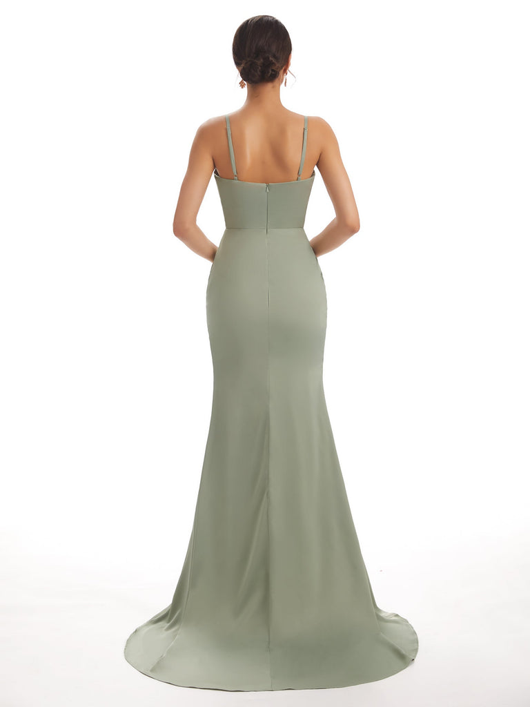Sexy Soft Satin Side Slit Spaghetti Straps V-neck Long Mermaid Bridesmaid Dresses For Wedding