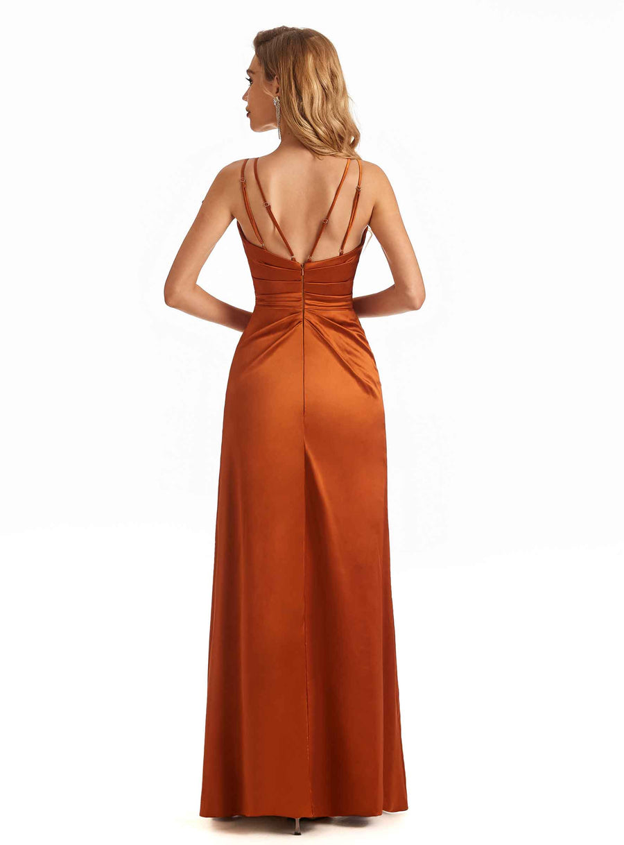 Soft Satin A-line Spaghetti Straps V neck Side Slit Maxi Long Bridesmaid Dresses