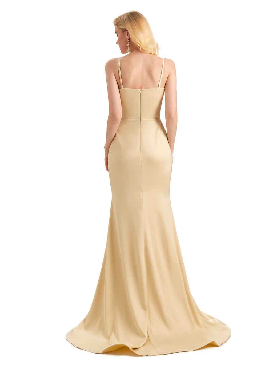 Sexy Side Slit Mermaid Spaghetti Straps Long Satin Bridesmaid Dresses Online