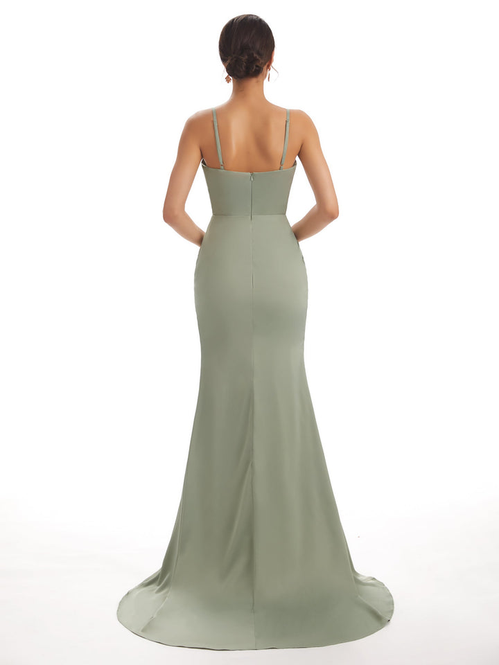 Sexy Side Slit Spaghetti Straps V-neck Long Mermaid Satin Womens Wedding Guest Dresses