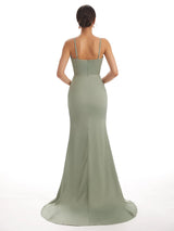 Sexy Satin Spaghetti Straps V-neck Long Mermaid Formal Prom Dresses Sale With Slit