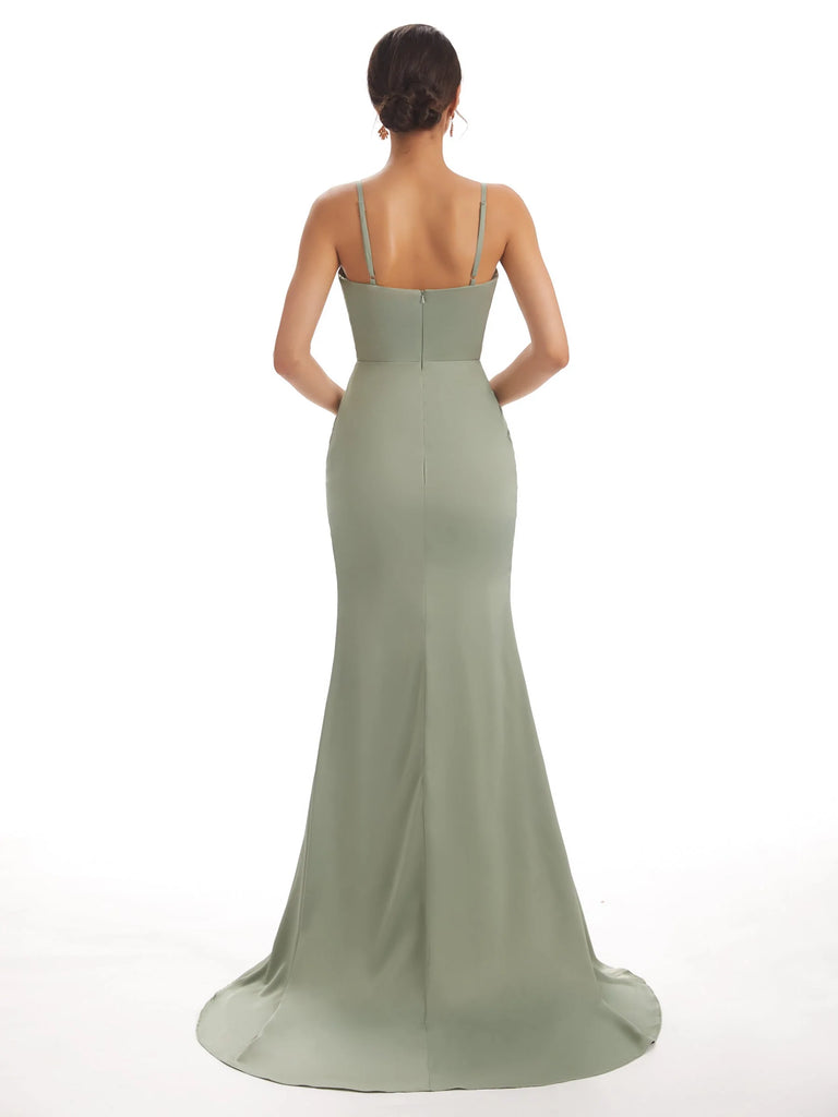 Sexy Satin Spaghetti Straps V-neck Long Mermaid Formal Prom Dresses Sale With Slit
