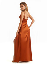 Soft Satin A-line Spaghetti Straps V neck Side Slit Maxi Elegant Long Evening Dresses
