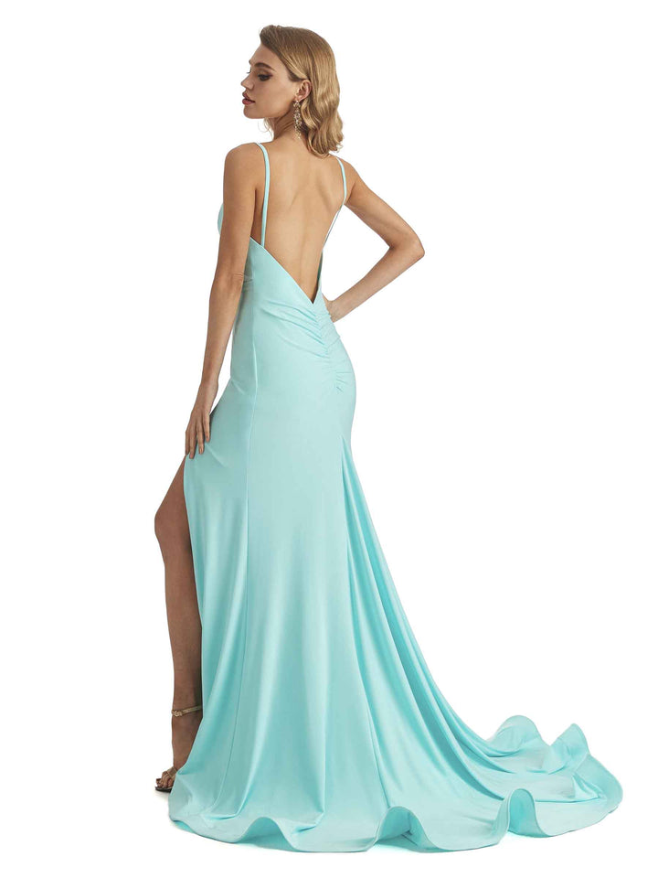 Sexy Backless Mermaid Spaghetti straps Side Slit Jersey Long Wedding Guest Dress