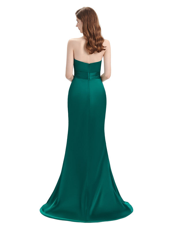 Elegant Soft Satin Strapless Sexy Long Mermaid Prom Dresses With Slit