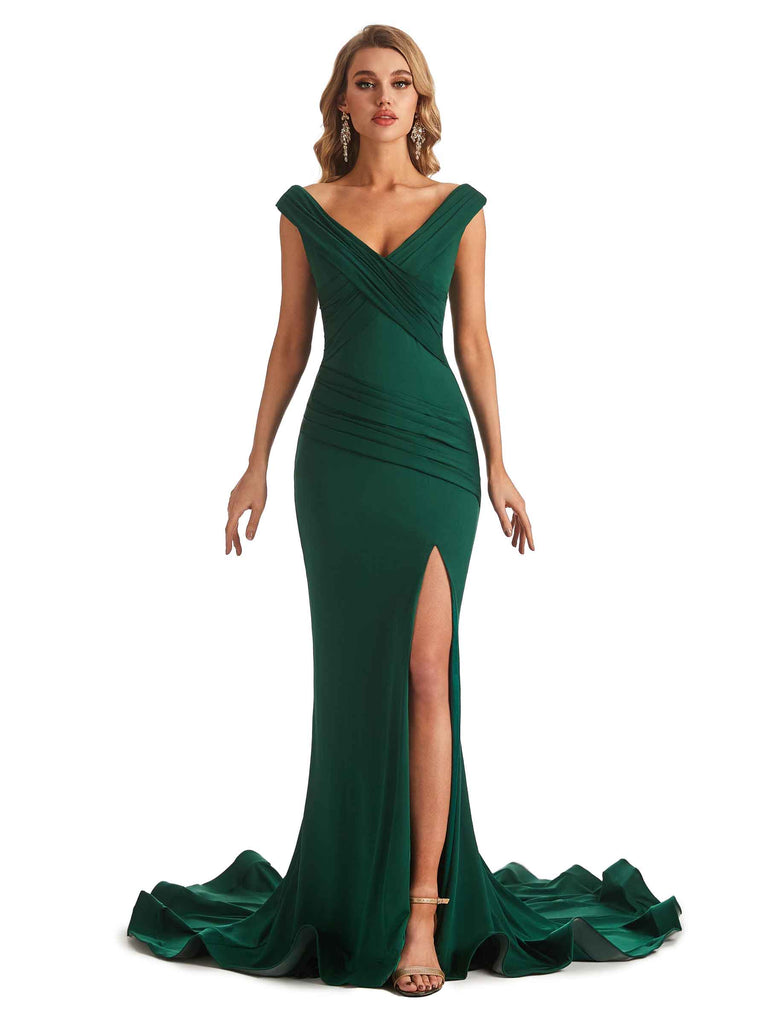 Sexy Mermaid V-neck Off The Shoulder Stretchy Jersey Long Formal Bridesmaid Dresses