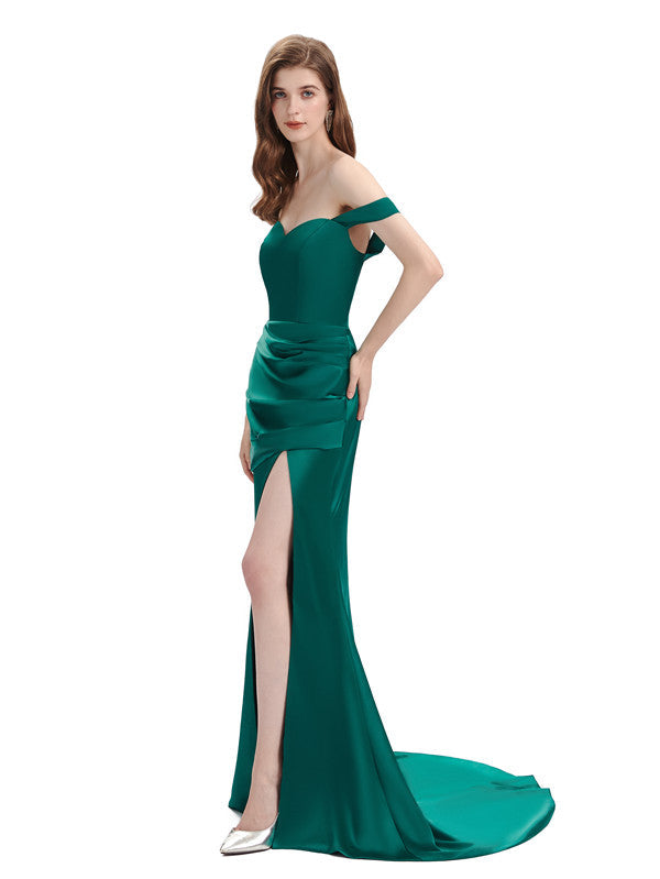 Sexy Soft Satin Side Slit Off Shoulder Maxi Long Mermaid Prom Dresses