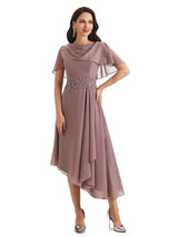 Elegant A-line Chiffon Short Sleeves Asymmetrical Short Mother of The Bride Dresses