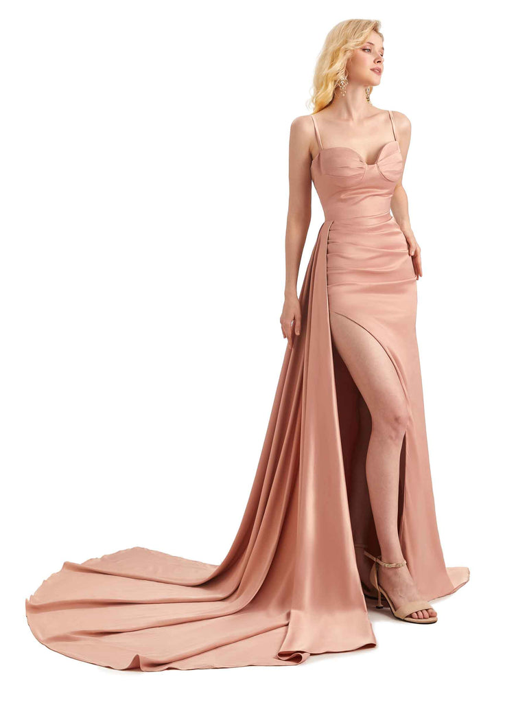 Elegant Soft Satin Side Slit Mermaid Spaghetti Straps Long Bridesmaid Dresses Online