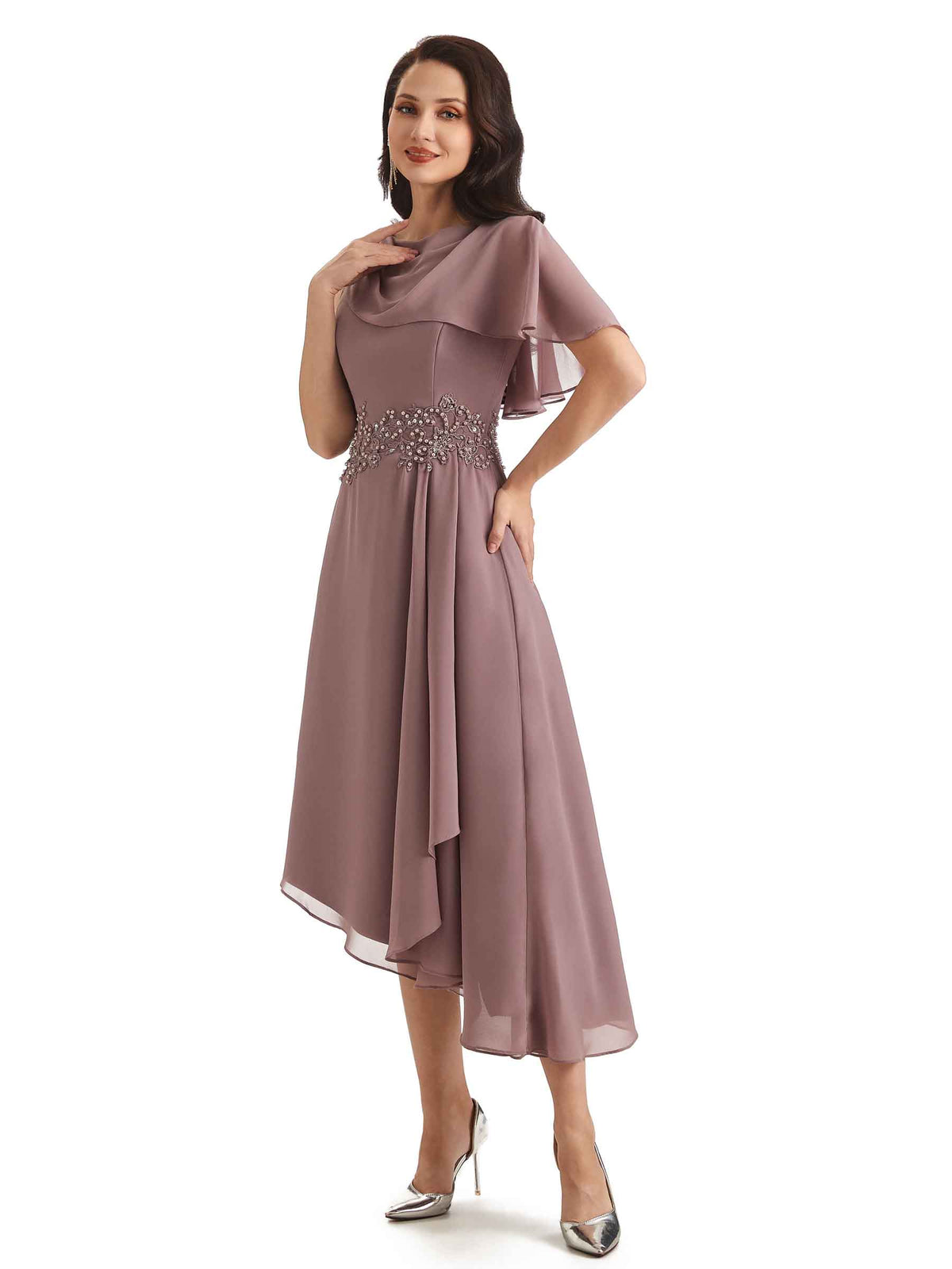 Elegant A-line Chiffon Short Sleeves Asymmetrical Short Mother of The Bride Dresses