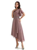 Elegant A-line Chiffon Short Sleeves Asymmetrical Short Mother of The Bride Dresses