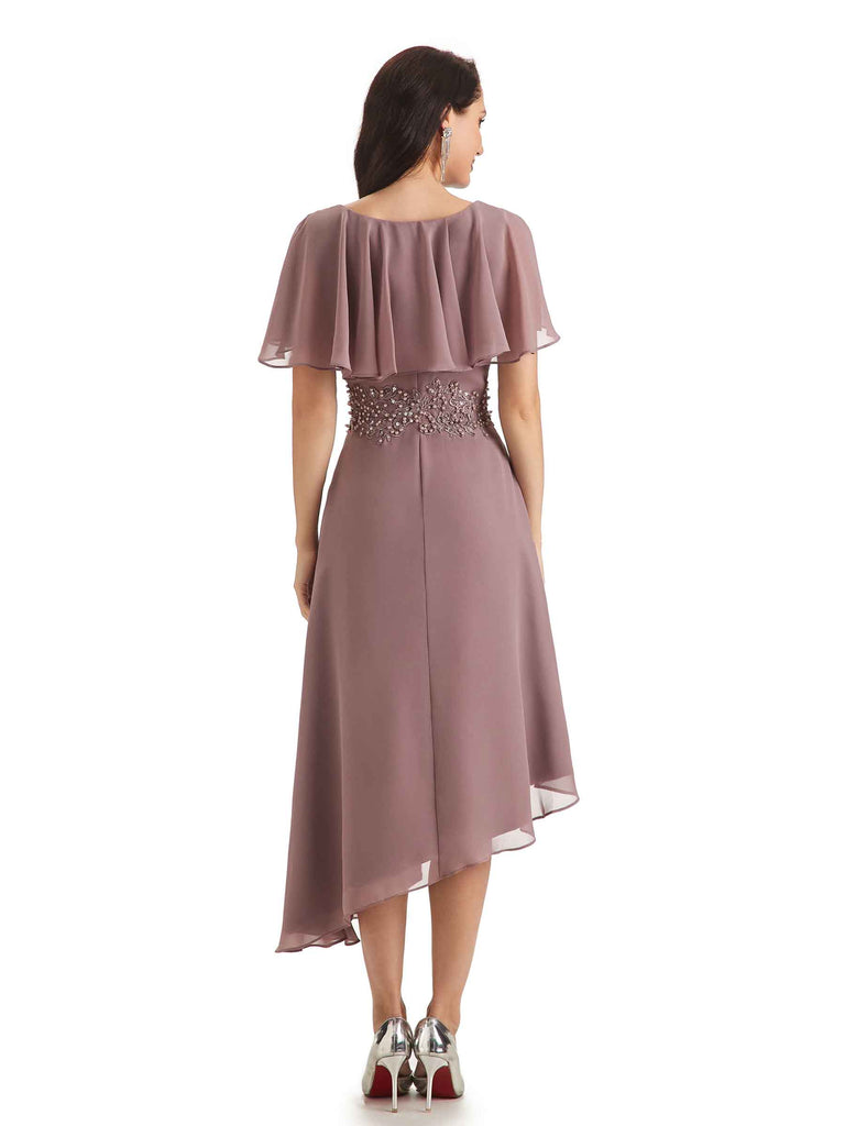 Elegant A-line Chiffon Short Sleeves Asymmetrical Short Mother of The Bride Dresses