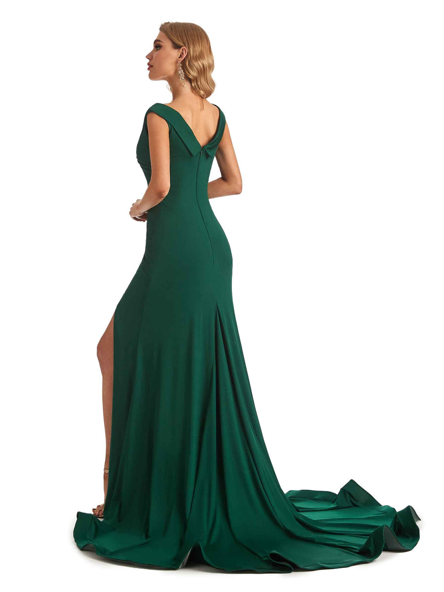 Sexy Mermaid V-neck Off The Shoulder Stretchy Jersey Long Formal Bridesmaid Dresses