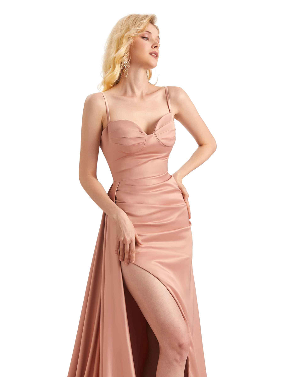 Elegant Soft Satin Side Slit Mermaid Spaghetti Straps Long Bridesmaid Dresses Online