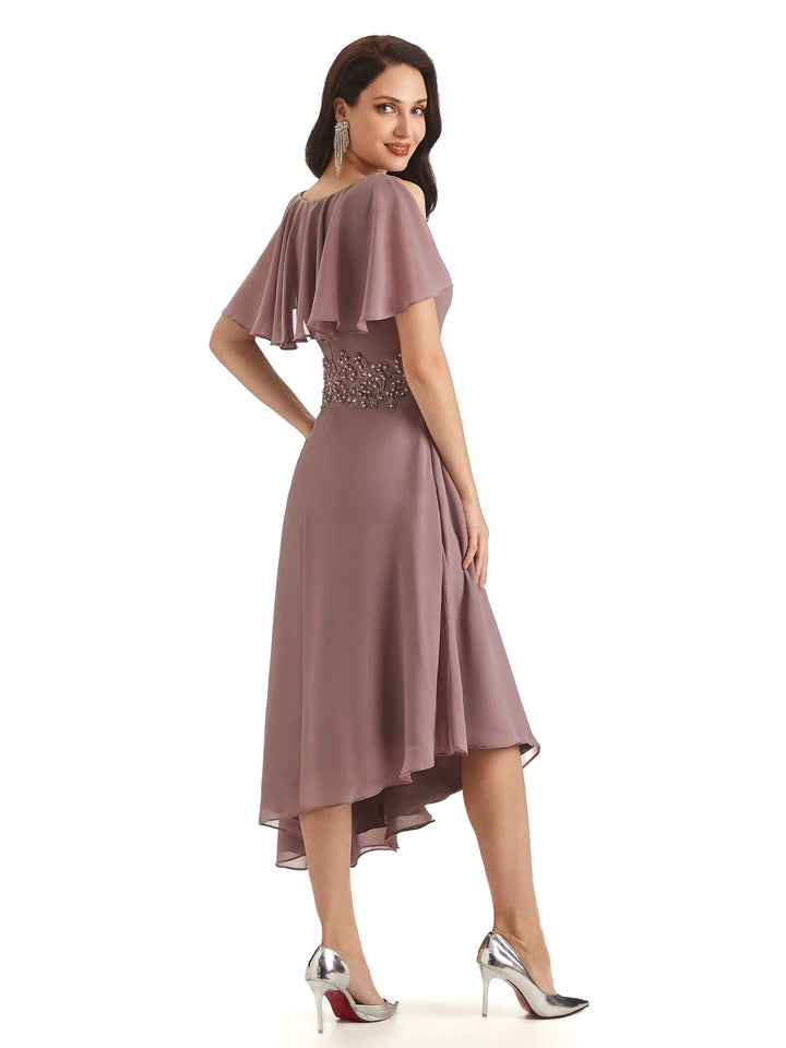 Elegant A-line Chiffon Short Sleeves Asymmetrical Short Mother of The Bride Dresses