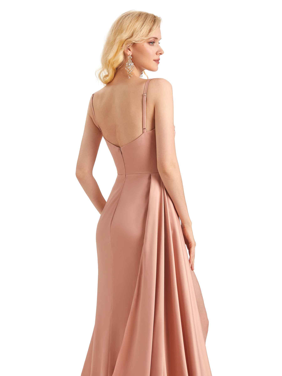 Elegant Soft Satin Side Slit Mermaid Spaghetti Straps Long Bridesmaid Dresses Online