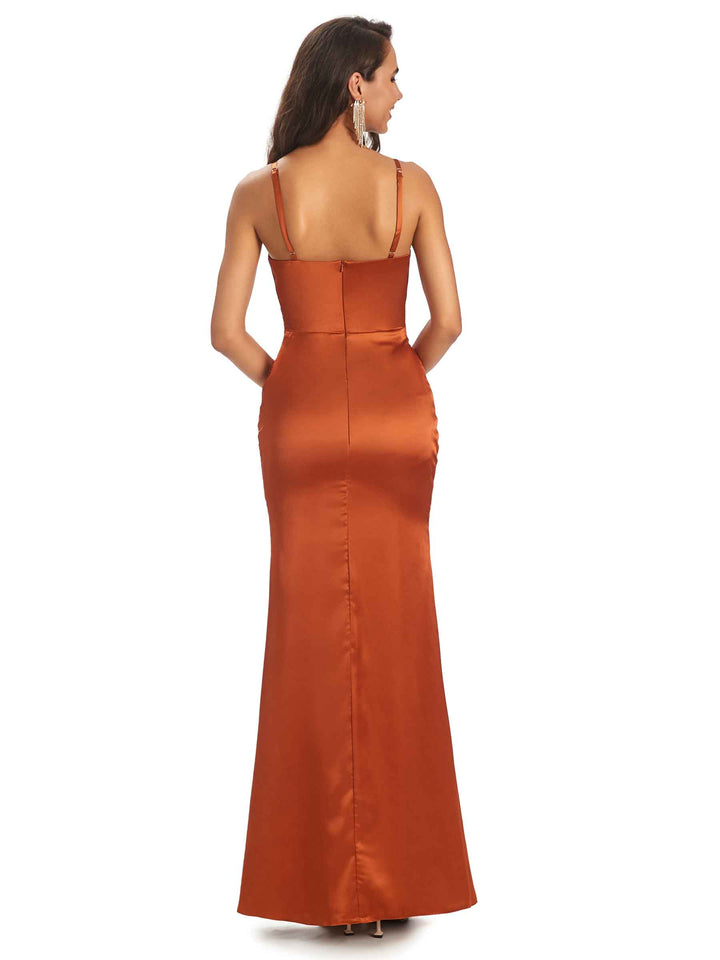 Elegant Soft Satin Mermaid Side Slit Unique Long Bridesmaid Dresses Online