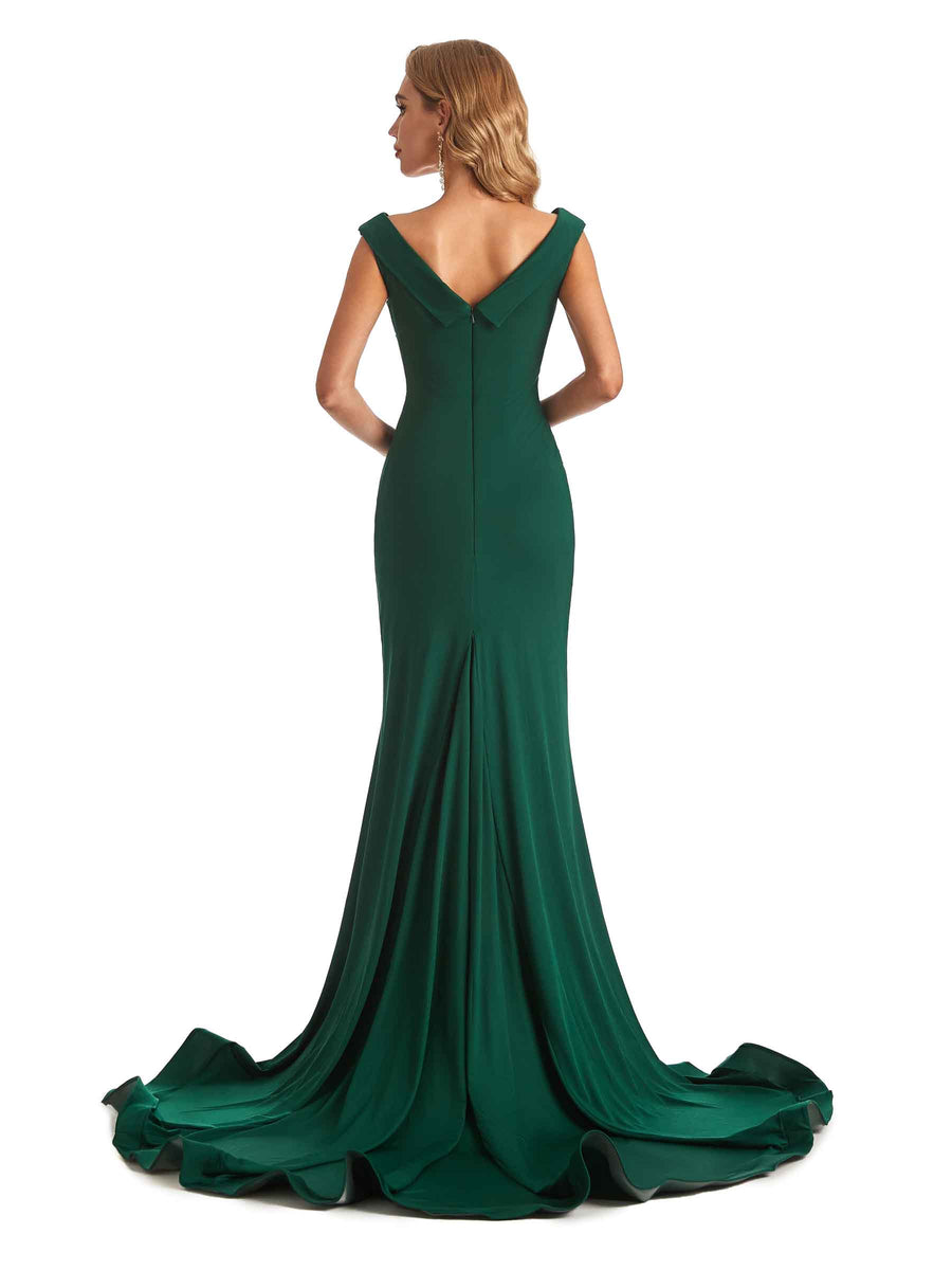 Sexy Mermaid V-neck Off The Shoulder Stretchy Jersey Long Formal Bridesmaid Dresses