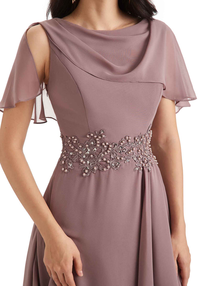 Elegant A-line Chiffon Short Sleeves Asymmetrical Short Mother of The Bride Dresses