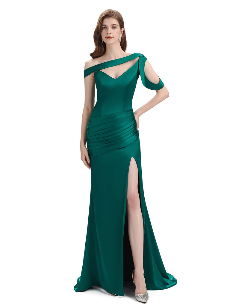 Sexy Soft Satin Unique Maxi Long Mermaid Prom Dresses With Slit