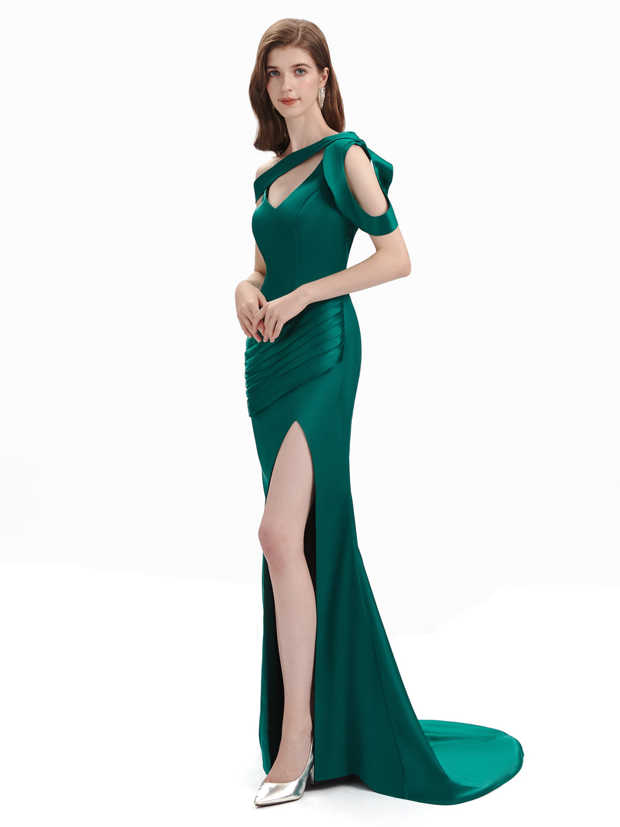 Sexy Soft Satin Unique V-neck Side Slit Floor-Length Mermaid Bridesmaid Dresses