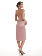 Simple Spaghetti Straps Soft Satin Tea Length Midi Short Bridesmaid Dresses