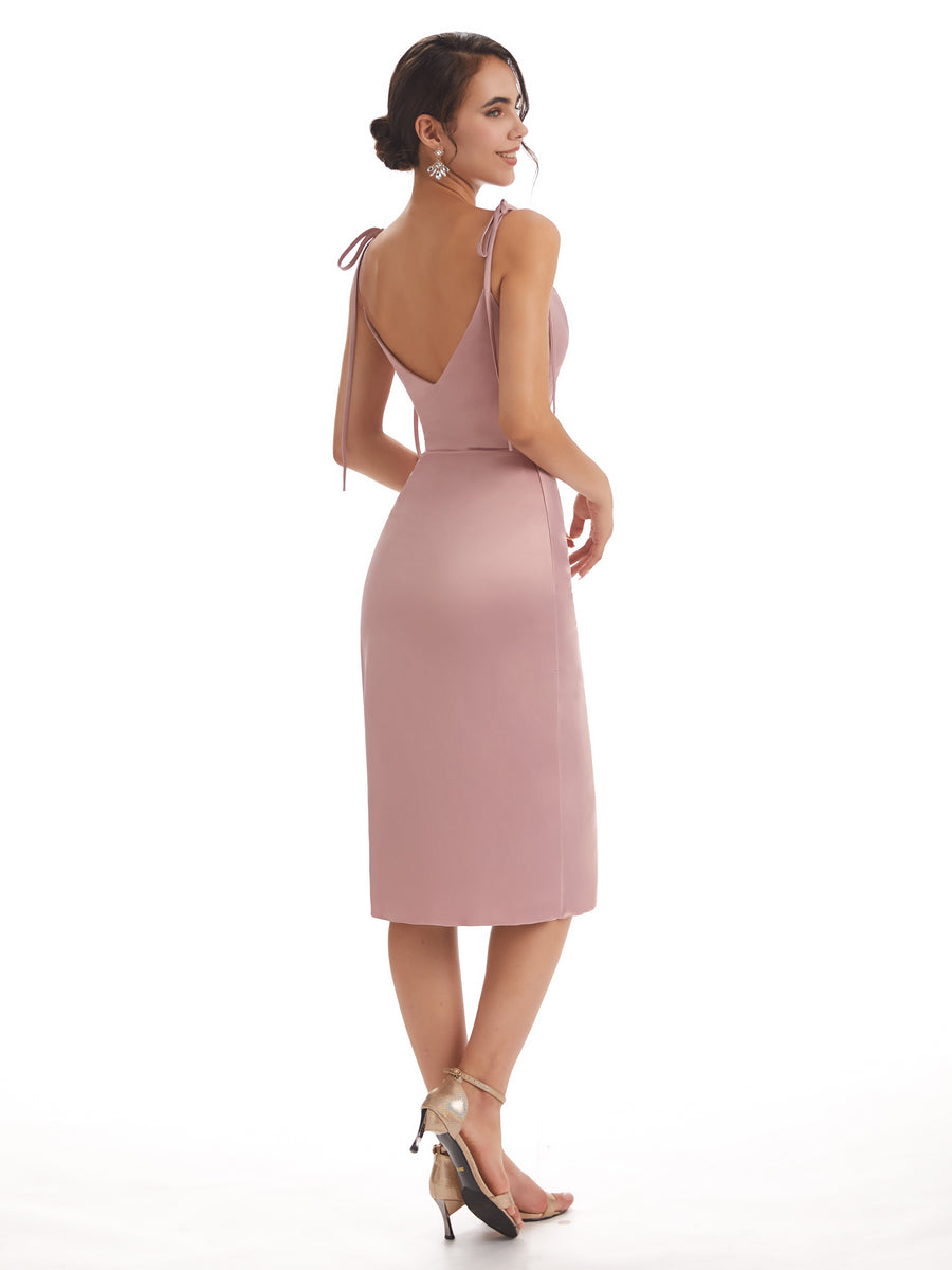 Simple Spaghetti Straps Soft Satin Tea Length Midi Short Bridesmaid Dresses