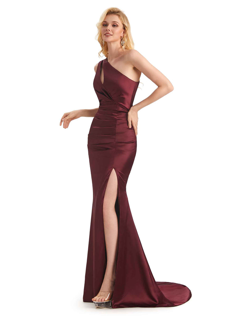 Elegant Soft Satin Side Slit Mermaid One Shoulder Long Bridesmaid Dresses Online