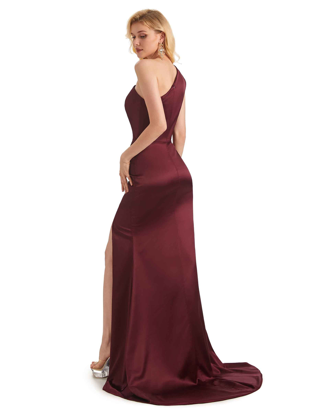 Elegant Soft Satin Side Slit Mermaid One Shoulder Long Bridesmaid Dresses Online