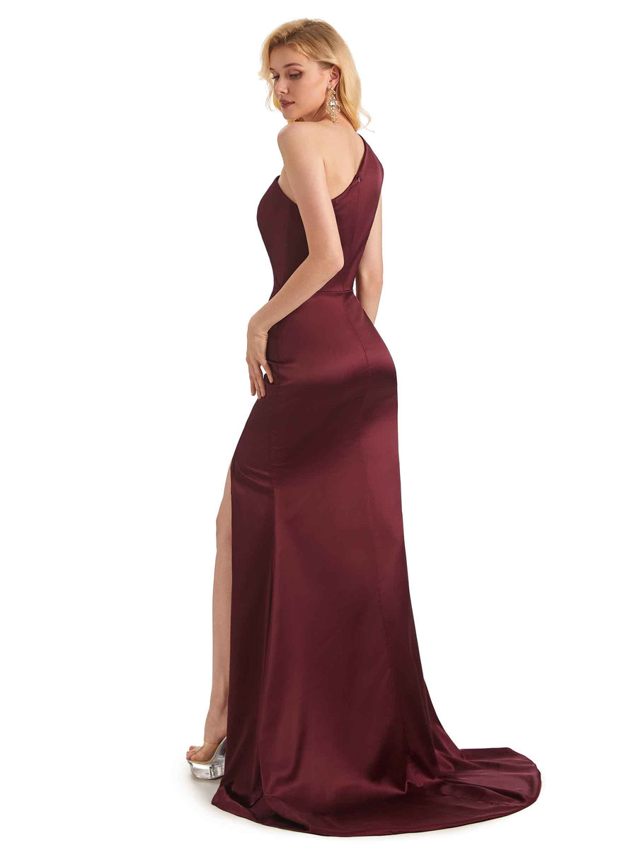 Elegant Soft Satin Side Slit Mermaid One Shoulder Long Bridesmaid Dresses Online