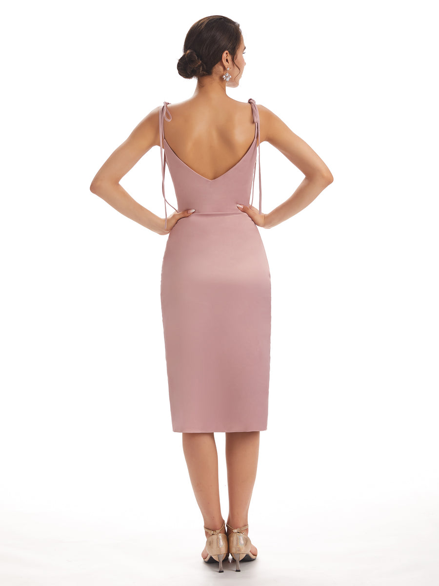 Simple Spaghetti Straps Soft Satin Tea Length Midi Short Bridesmaid Dresses