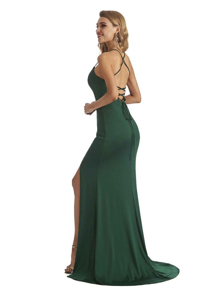 Sexy Side Slit Mermaid Halter Stretchy Jersey Long Unique Bridesmaid Dresses