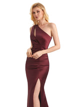 Elegant Soft Satin Side Slit Mermaid One Shoulder Long Bridesmaid Dresses Online