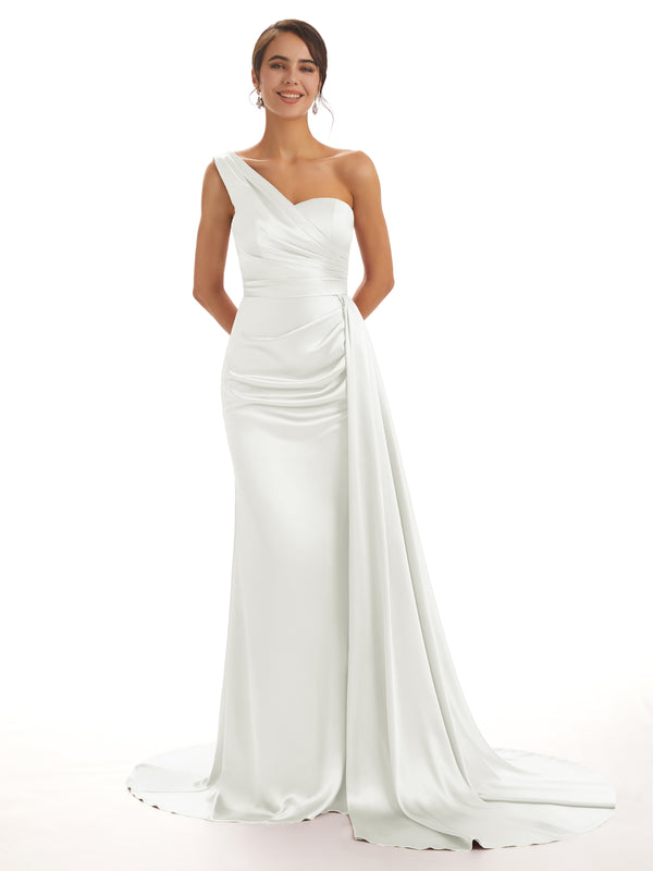 Elegant One Shoulder Soft Satin Pleats A-line Long Bridesmaid Dresses ...