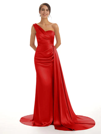 Mismatched Red Sexy Side Slit Mermaid Soft Satin Long Bridesmaid Dresses Online