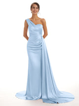 Mismatched Sky Blue Sexy Side Slit Mermaid Soft Satin Long Bridesmaid Dresses Online