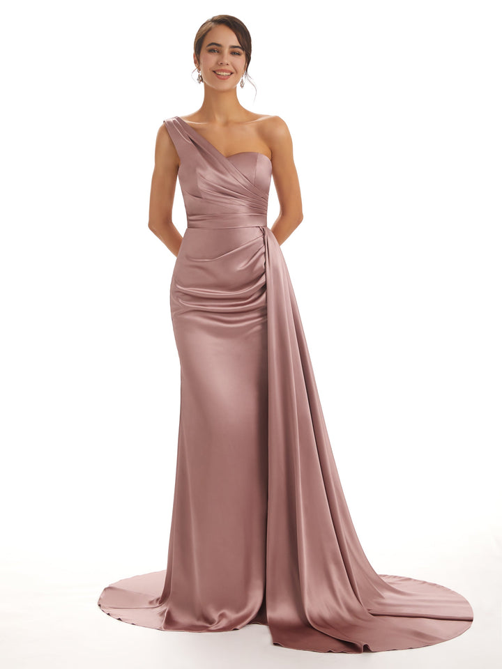 Elegant One Shoulder Soft Satin Mermaid Long Wedding Guest Dresses With Waist Drape