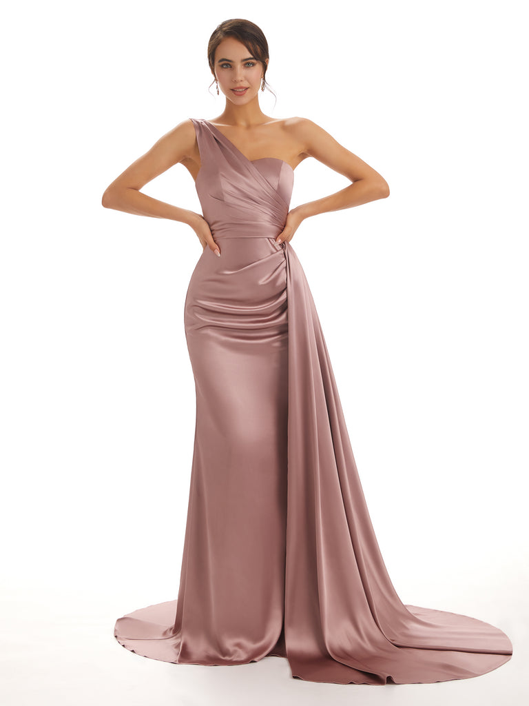 Elegant One Shoulder Soft Satin Pleats Mermaid Long Bridesmaid Dresses Online