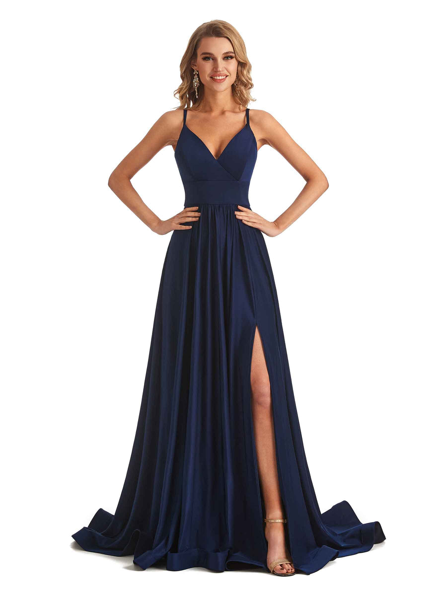 Elegant Spaghetti Straps A-line Side Slit Stretchy Jersey Long Formal Bridesmaid Dresses