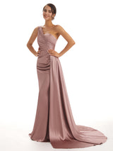 Elegant One Shoulder Soft Satin Unique Mermaid Long Bridesmaid Dresses Online
