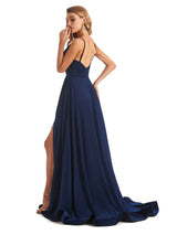Elegant Spaghetti Straps A-line Side Slit Stretchy Jersey Long Formal Bridesmaid Dresses
