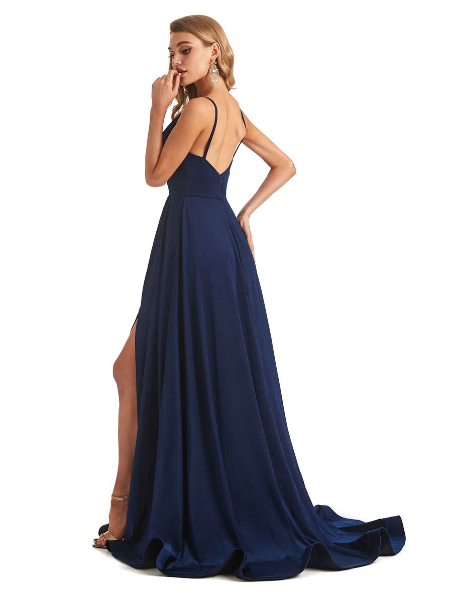 Elegant Spaghetti Straps A-line Side Slit Stretchy Jersey Long Formal Bridesmaid Dresses