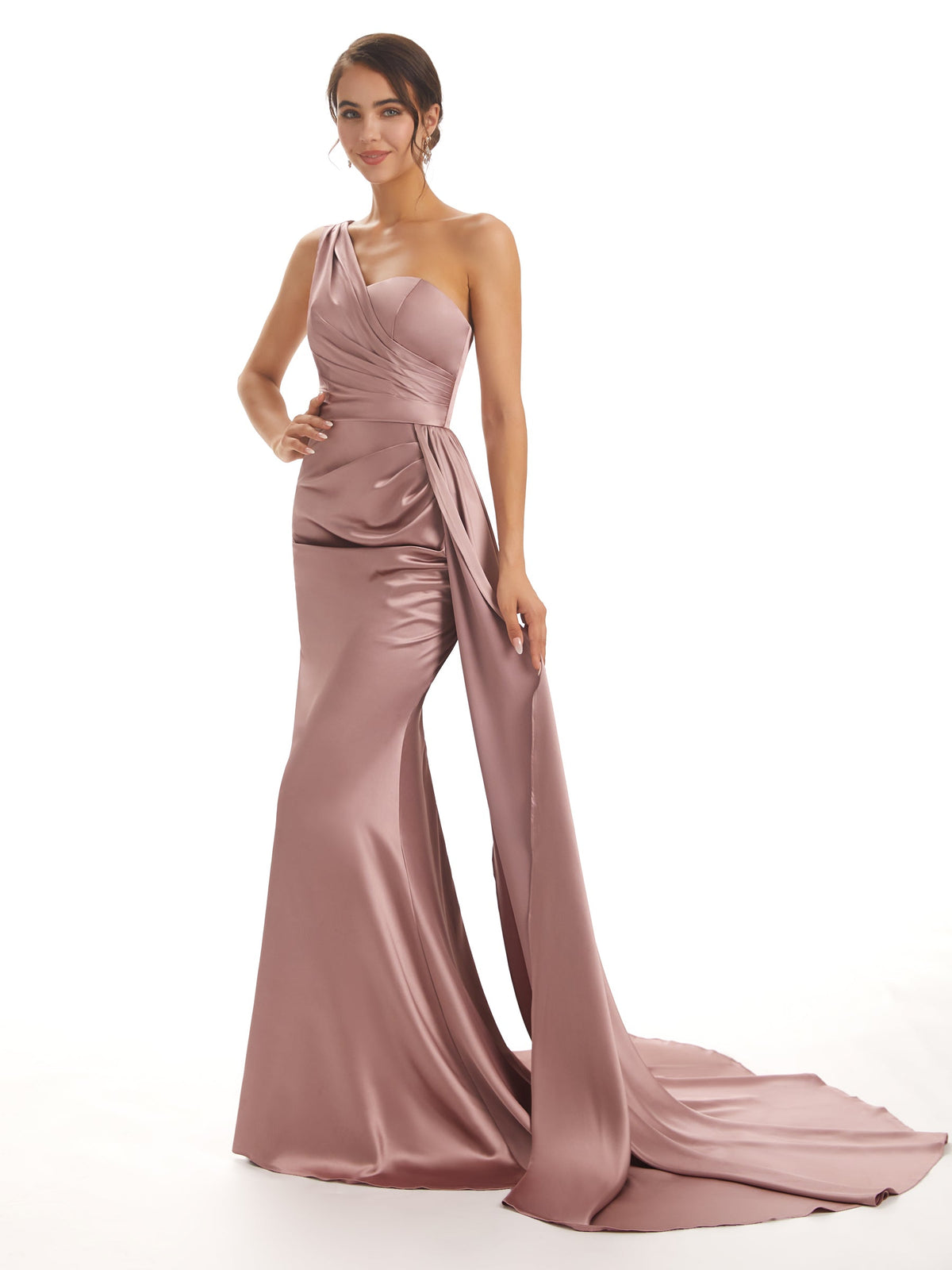 Elegant One Shoulder Soft Satin Mermaid Long Wedding Guest Dresses With Waist Drape